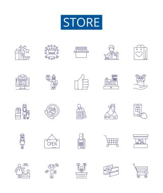 Satır simgeleri belirlendi. Shop, Market, Market, Butik, Mağaza önü, Bölüm, Outlet, Retailer ana hatları vektör çizimleri tasarım koleksiyonu