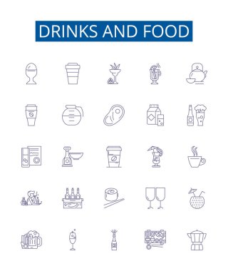 İçecekler ve yemek çizgisi simgeleri ayarlandı. İçecekler, Atıştırmalık, Soda, Meyve Suyu, Kahve, Bira, Çay, Smoothie ana hatları vektör çizimleri tasarımı