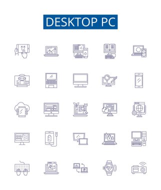 Masaüstü pc satır simgeleri ayarlandı. Bilgisayar, Masaüstü, PC, Masaüstü PC, Çalışma İstasyonu, Kule, Monitör, Fare ana hatları konsepti çizimleri tasarım koleksiyonu