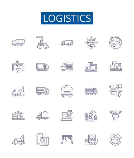 Logistics line icons signs set. Design collection of Distribution, Shipping, Delivery, Transportation, Freight, Channel, Inventory, Management outline vector concept illustrations
