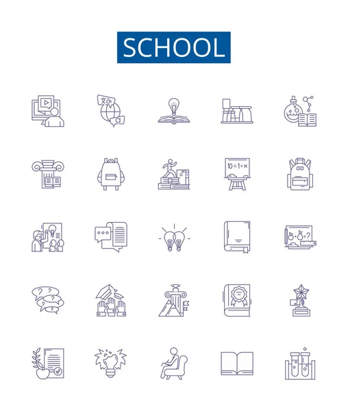 Línea Escuela Iconos Letreros Establecidos Diseño Colección Educación Aprendizaje Conocimiento — Vector de stock