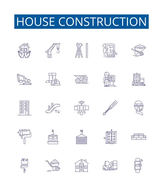 Ligne Construction Maison Icônes Signes Ensemble Collection Design Bâtiment Construction — Image vectorielle