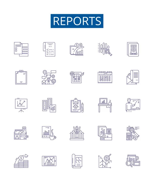 Reports Line Icons Signs Set Design Collection Records Surveys Findings — Stock Vector