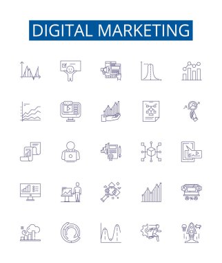 Dijital pazarlama çizgisi simgeleri ayarlandı. Dijital, Pazarlama, SEO, Sosyal, Medya, Analiz, PPC, Reklam ana hatları vektör çizimleri tasarım koleksiyonu