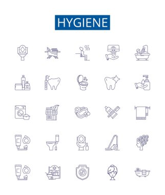 Hijyen çizgisi simgeleri ayarlandı. Temizlik, Temizlik, Temizlik, Steril, Sağlık, Taze, Sabun, Yıkama, Antiseptik ana hatları çizim çizimleri tasarımı