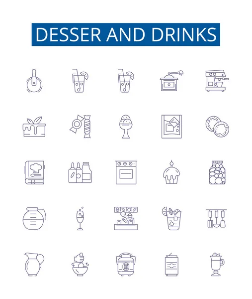 Desser Bebidas Línea Iconos Letreros Establecidos Colección Diseño Postres Bebidas — Vector de stock