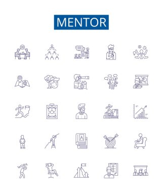 Mentor satırı simgeleri ayarlandı. Akıl hocası, rehberlik, tavsiye, deneyim, bilgi, bilgelik, destek, teşvik vektör çizelgeleri tasarım koleksiyonu