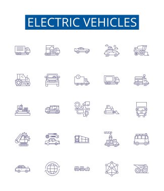 Elektrikli araçlar çizgisi simgeleri ayarlandı. Elektrik, Araçlar, EVler, Batarya, Melez, Fişe tak, Güç, Şarj Edici vektör çizimleri tasarım koleksiyonu