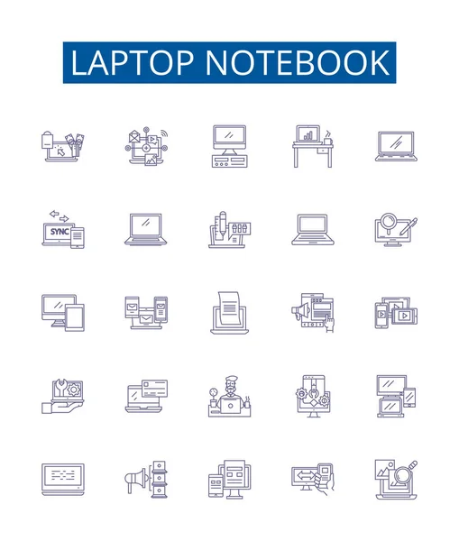 Laptop Notebook Line Icons Signs Set Design Collection Laptop Notebook — Stock Vector