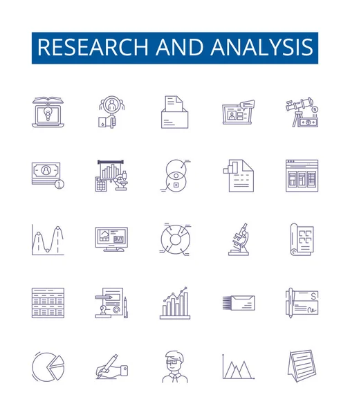Kutatási Elemzési Vonal Ikonok Beállítva Tervezés Gyűjteménye Kutatás Elemzés Értékelés — Stock Vector