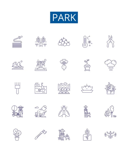 Parkvonal Ikonok Beállítva Tervezési Gyűjtemény Park Parkland Vidámság Szabadidő Erdő — Stock Vector