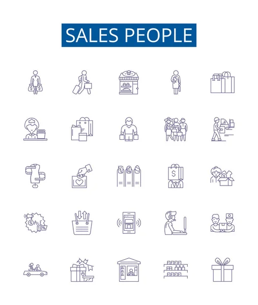 stock vector Sales people line icons signs set. Design collection of Salespeople, Sellers, Vendors, Brokers, Representatives, Merchandisers, Agents, Closers outline vector concept illustrations