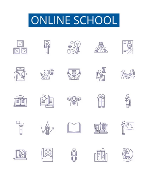 Online Schoollijn Pictogrammen Borden Ingesteld Design Collectie Van Learning Virtueel — Stockvector