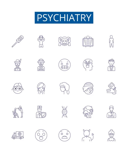 Ligne Psychiatrie Icônes Signes Ensemble Design Collection Psychiatry Mental Health — Image vectorielle