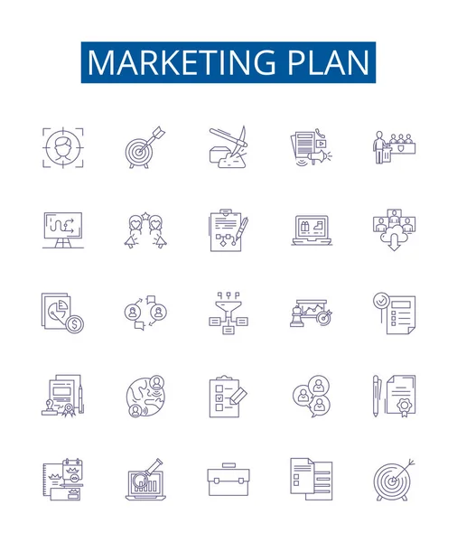 Plan Marketing Línea Iconos Signos Establecidos Diseño Colección Campaña Estrategia — Vector de stock