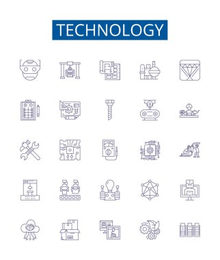 Teknoloji çizgisi simgeleri ayarlandı. Tech, Gadget, Electronics, Network, Software, Program, AI, Machine ana hatları vektör çizimleri tasarım koleksiyonu