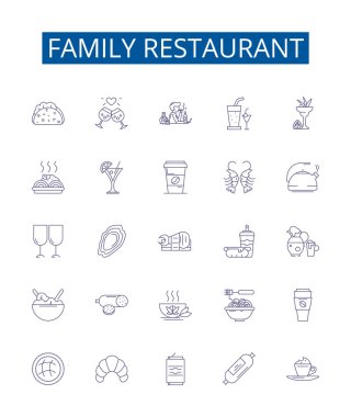 Aile restoranı çizgisi simgeleri ayarlandı. Aile, restoran, yemek, yemek, mutfak, yer, kafe, gıda ana hatları konsepti çizimleri tasarım koleksiyonu