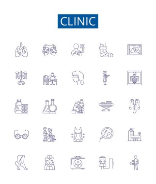 Klinik çizgi simgeleri ayarlandı. Klinik, sağlık, merkez, hastane, tıbbi bakım, sağlık hizmetleri, doktor ana hatları vektör çizimleri tasarımı