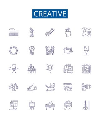 Yaratıcı çizgi simgeleri ayarlandı. Yenilikçi, Yaratıcı, Orijinal, Sanatsal, Vizyoner, Becerikli, Sezgisel, Kavramsal vektör çizimlerinin tasarım koleksiyonu