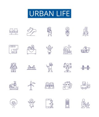 Şehir yaşam çizgisi simgeleri belirlendi. Şehir, Yaşam, Şehir, Bina, Sokak, Daire, Trafik, İnsan ana hatları konsept çizimleri koleksiyonu
