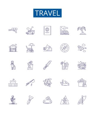 Seyahat çizgisi simgeleri ayarlandı. Tur, Tatil, Trip, Journey, Explorer, Macera, Sırt çantası, Yürüyüş ana hatları vektör çizimleri tasarımı