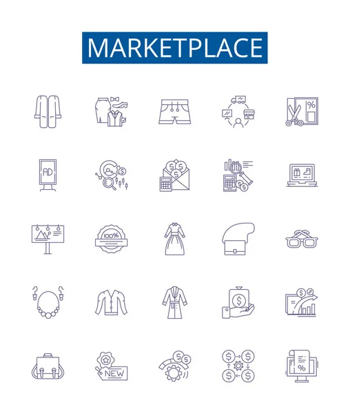 Marketplace Linje Ikoner Tecken Inställd Design Samling Marknad Plats Börs — Stock vektor