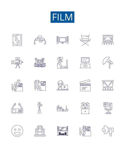 Línea Película Iconos Letreros Establecidos Diseño Colección Película Cine Producción — Archivo Imágenes Vectoriales