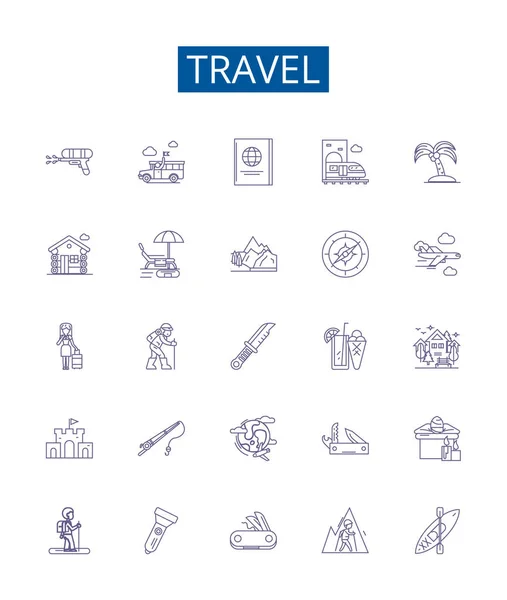 Línea Viaje Iconos Letreros Establecidos Diseño Colección Tour Vacaciones Viaje — Vector de stock