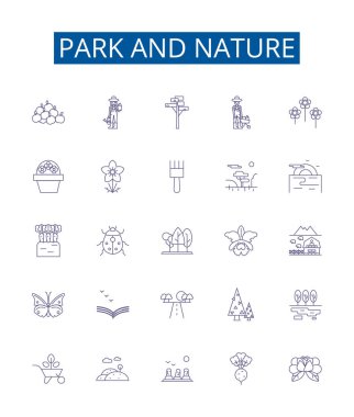 Park ve doğa çizgisi simgeleri ayarlandı. Park, Doğa, Orman, Ağaçlar, Bitkiler, Çimenler, Çiçekler, Vahşi Yaşam ana hatları vektör çizimleri tasarım koleksiyonu