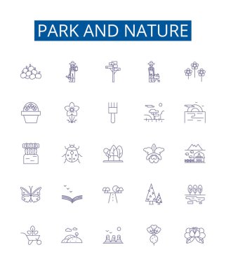 Park and nature line icons signs set. Design collection of Park, Nature, Woods, Trees, Plants, Grass, Flowers, Wildlife outline vector concept illustrations clipart