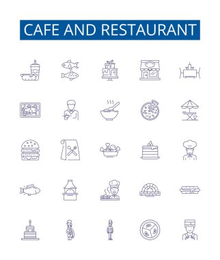 Kafe ve restoran çizgisi simgeleri ayarlandı. Kafe, restoran, mutfak, menü, malzemeler, tarifler, hazırlık, sunum taslağı çizimleri tasarım koleksiyonu