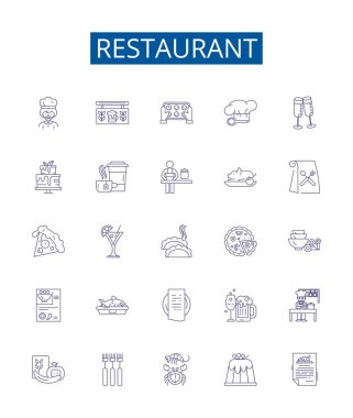 Restoran çizgisi simgeleri ayarlandı. Restoran, Yemek, Kafe, Yemek, Bistro, Mutfak, Dışarıda Yemek, Fast food ana hatları konsepti çizimleri tasarım koleksiyonu