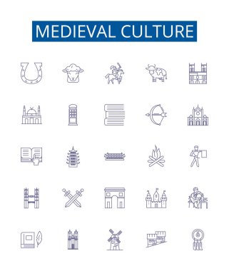 Ortaçağ kültür çizgisi simgeleri belirlendi. Knights, Chivalry, Feudalism, Monarchy, Heraldry, Castles, Courts, Religion ana hatları vektör çizimleri tasarım koleksiyonu