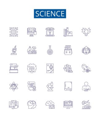 Bilim çizgisi simgeleri ayarlandı. Bilim, Araştırma, Teknoloji, Deney, Keşif, Fizik, Kimya, Biyoloji, Biyoloji ana hatları vektör çizimleri tasarım koleksiyonu