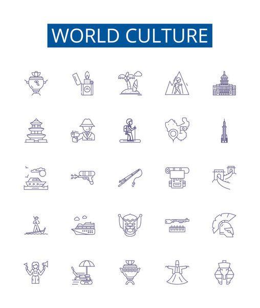 Знаки всемирной культурной линии установлены. Коллекция дизайна векторных концептуальных иллюстраций культуры, мира, разнообразия, традиций, народов, норм, искусства, языка