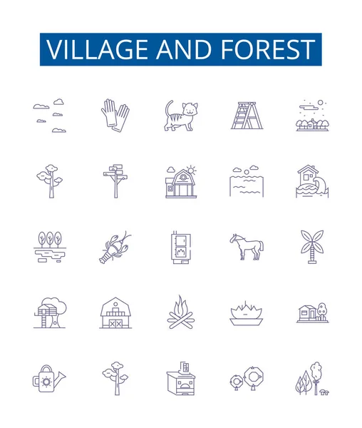 Ensemble Icônes Village Ligne Forestière Collection Design Village Forêt Rural — Image vectorielle