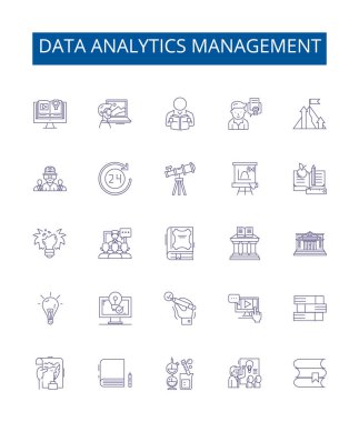 Data analytics management line icons signs set. Design collection of Data, Analytics, Management, Automation, Discovery, Mining, Reporting, Analysis outline vector concept illustrations clipart