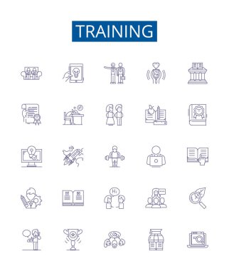 Eğitim çizgisi simgeleri ayarlandı. Eğitim, Koçluk, Eğitim, Eğitim, Sondaj, Eğitim, Öğretmenlik, Egzersiz ana hatları vektör çizimleri tasarımı