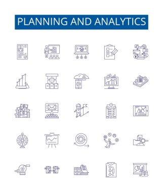 Planlama ve analiz çizgisi simgeleri ayarlandı. Tasarım koleksiyonu: Planlama, Analiz, Strateji, Tahminleme, Değerlendirme, Analiz, İyimserleştirme, Tasarım ana hatları vektör çizimleri