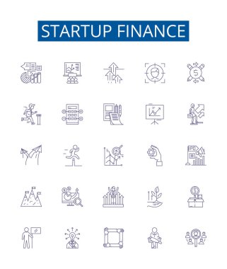 Başlangıç finans satırı simgeleri ayarlandı. Fon, Sermaye, Yatırım, Venture, Angel, Maliyetler, Bütçe, Kaynak ana hatları vektör çizimleri tasarımı