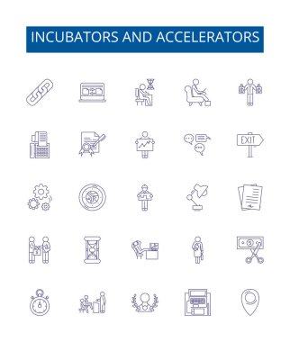 Kuluçka makineleri ve hızlandırıcılar çizgi simgeleri ayarlandı. Kuluçka araçları, Hızlandırıcılar, Girişimler, Yatırımlar, Yenilik, Danışmanlık, Geliştirme, Ağ ana hatları vektör çizimleri koleksiyonu