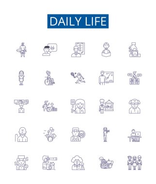 Günlük yaşam çizgisi simgeleri ayarlandı. Rutin, Günlük, Alışkanlıklar, Günlük, Normal, Olağan, Sıradan, Drudgery ana hatları vektör çizimleri tasarım koleksiyonu