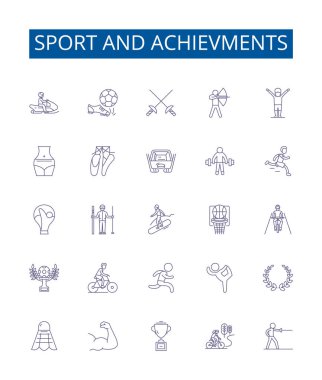 Spor ve başarı çizgisi simgeleri ayarlandı. Sports, Achievements, Victory, Accompliation, Record, Medal, Trophy, Excellence ana hatları vektör çizimleri tasarım koleksiyonu