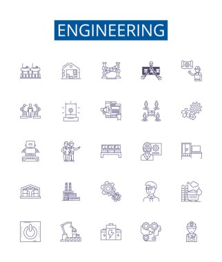Mühendislik çizgisi simgeleri ayarlandı. Tasarım koleksiyonu: Mühendislik, Teknoloji, Tasarım, Üretim, İnşaat, Elektronik, Mekanik, Bilim ana Hattı:
