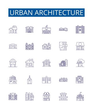 Şehir mimari çizgisi simgeleri ayarlandı. Kentsel, Mimari, Binalar, Gökdelenler, Townhouse, Yüksek Binalar, Şehirler, Metrelerce vektör çizimleri tasarım koleksiyonu