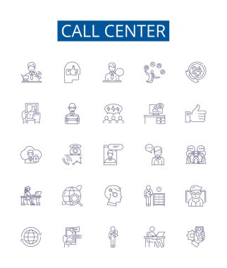 Merkez hat simgeleri ayarlandı. Callcenter, Call Center, Callcenter Operator, Telemarketing, Voicemail, Live Chat, Destek, Agent ana hatları vektör çizimleri koleksiyonu