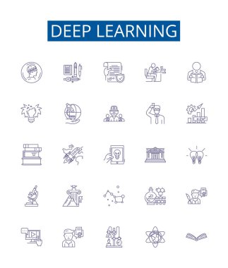 Derin öğrenme çizgisi simgeleri ayarlandı. Derin öğrenme, Sinirsel ağlar, Makine öğrenme, Yedekleme, CNN, NLP, AI, Güçlendirme öğrenme ana hatları vektör çizimleri tasarımı