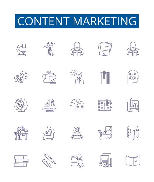 Σήμανση Εικονιδίων Γραμμής Περιεχομένου Design Collection Content Marketing Strategy Distribution — Διανυσματικό Αρχείο