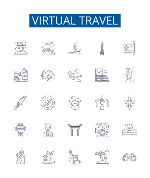 Virtuaalinen Matka Linja Kuvakkeet Merkit Asetettu Suunnittelu Kokoelma Virtual Matkustaa — vektorikuva