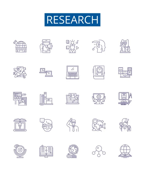 Forschungslinie Symbole Zeichen Gesetzt Designsammlung Von Erforschen Analysieren Sonden Studieren — Stockvektor